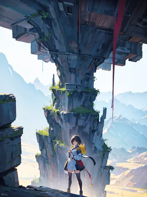 a young female  adventurer, she is standing in front of the tower, looking up, low angle, the background, A huge tower nestled in a magnificent canyon, magnificent and fantastic scenery, beautiful girl, vivid color