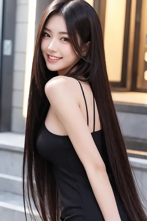 24-year-old female、Hair color is black、The eye color is dark brown、Super long hair、Straight hair、A slender but well-proportioned muscular woman、Laughter、I&#39;Wearing a necklace、Wrist Accessories、Wearing transparent tops、Im wearing high heels、Wear light pa...