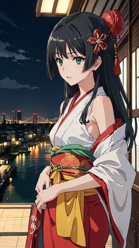  (High resolution:1.4), (masutepiece:1.2), (High quality:1.3) 1girl, saten ruiko, green eyes, long hair, black hair, small breast, Oiran fashion, The city of Kyoto, cinematic lighting,  pov, dynamic angle, 