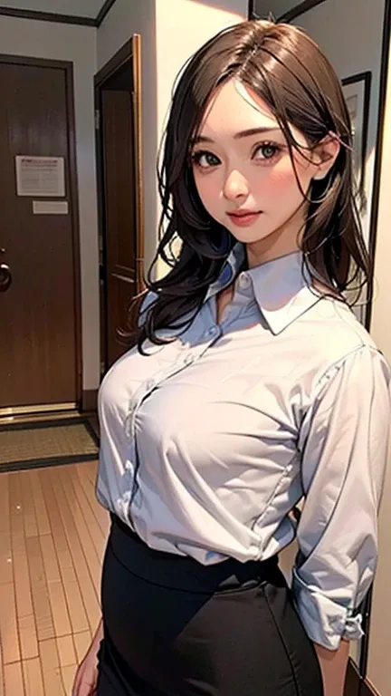 1 Woman, Japanese Woman,(Housewife:1.5),(40 Years Old:1.68),(Attractive Mature Woman:1.66),(Middle Age:1.78),(Small Round Face:1,69),(small breasts:1.5),(Casual, collared cutter shirts, buttons,long tight skirt),(Stairs, landings, office buildings, indoor)