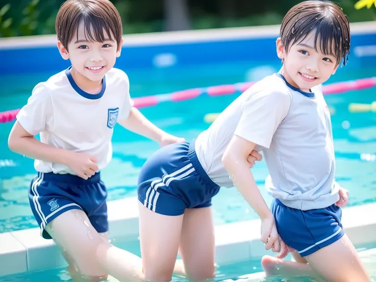 Summer vacation elementary school、Summer swimming pool、Get wet all over、Japan Boy、Glowing water splashes、A good boy dripping with water、Playing innocently、hot day、Two Boys、Various poses、Short sleeve gym uniform、Blue shorts、physical education、barefoot，Boys ...