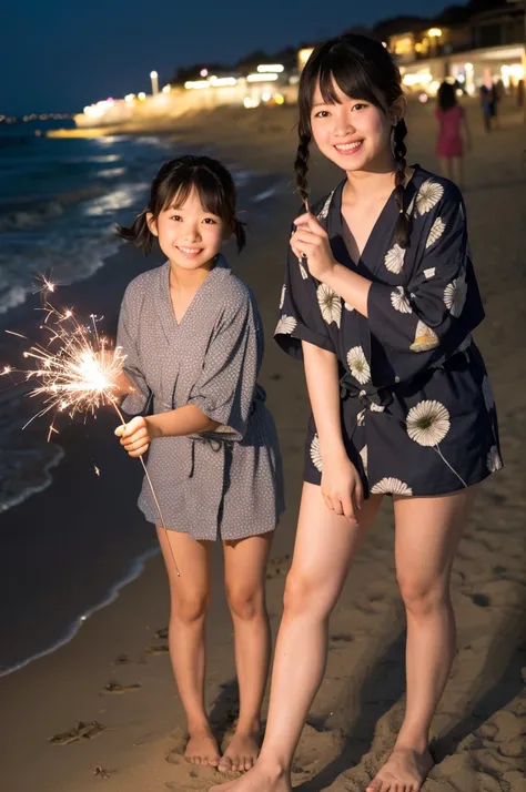 2 girls sqatting and holding 1 stick with sparkler in beach,yukata,18-year-old,bangs,a little smile,thighs,knees,short hair with low pigtails bunches,from below,front light