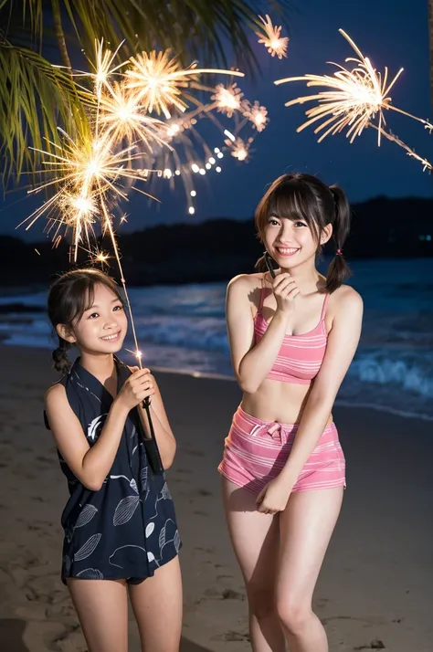 2 girls sqatting and holding 1 stick with sparkler in beach,yukata,18-year-old,bangs,a little smile,thighs,knees,short hair with low pigtails bunches,from below,front light