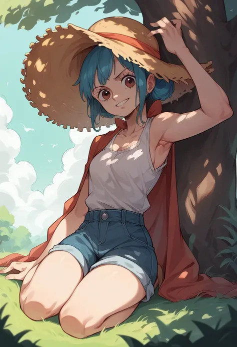 Teenager girl、one piece、Straw hat、Under the tree、Tree shade