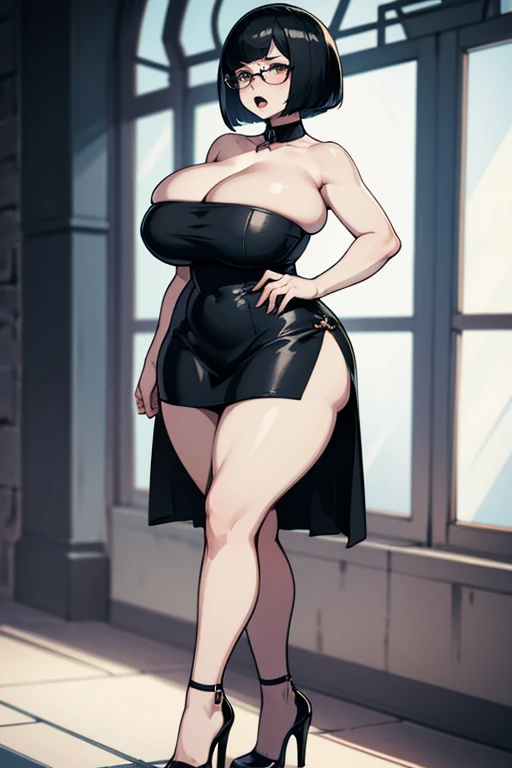  thick hips,  thick thighs, platform heels, bandeau dress, huge breast, thin waist, bob cut hair, pale skin, thick body, glasses, angry, moan, open mouth,