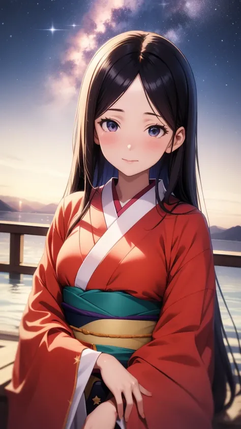 anime, 1 woman, 20 years old, Black Hair, Orihime,kimono,milky way,Starry Sky