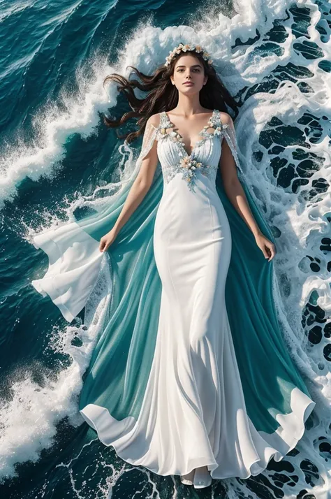 A beautiful woman, wearing full covered dress and there a flower in his hand , lies down on a sea shore, half in water and half writen name "Doris" on middle of ocean, front view, high top drone angle, full body picture. Her dress is made from the foam of ...