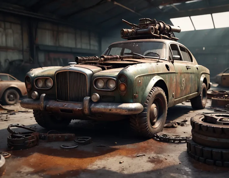 A old Bentley charger made of scrap metal, buzz saw launcher on the roof, post-apocalyptic, rusty, detailed grungy texture, without hood, weathered, worn, battle-damaged, dramatic lighting, cinematic, dystopian, muted colors, gritty, realistic, 8k, high qu...