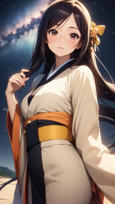 anime, 1 woman, 20 years old, Black Hair, Orihime,kimono,milky way,Starry Sky