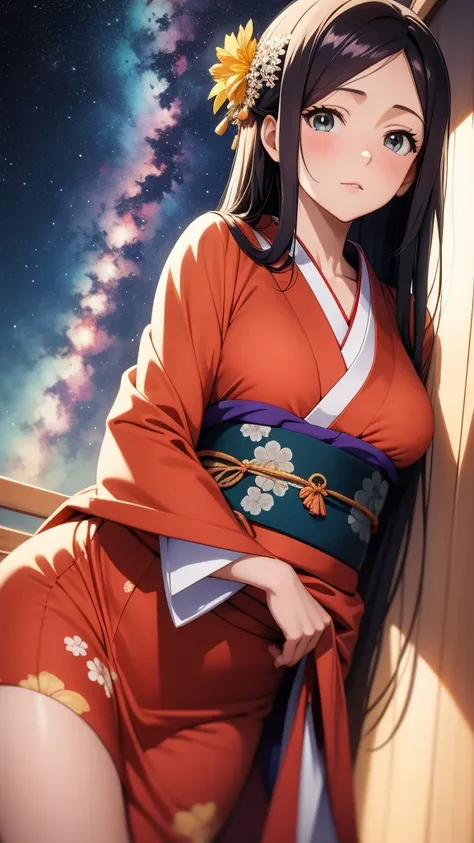 anime, 1 woman, 20 years old, Black Hair, Orihime,kimono,milky way,Starry Sky