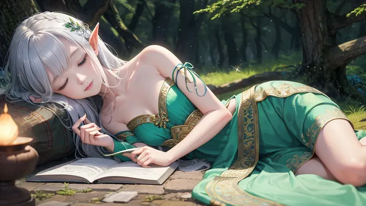 Under the protective cover of a majestic old oak tree, a young elf girl sleeps peacefully. Her silver hair spreads like a sparkling stream across the carpet of blue moss, framing her delicate face. She is dressed in a light silk dress, emerald green in col...