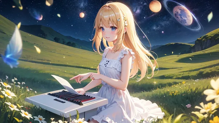 Cute anime girl playing piano, grassland, universe, galaxy, light particles, White dress, masterpiece