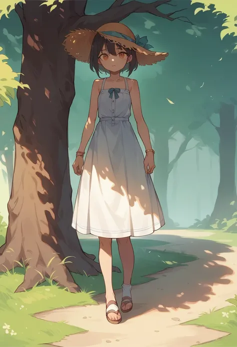 Teenager girl、Are standing、Wearing a dress、Straw hat、Under the tree、Tree shade