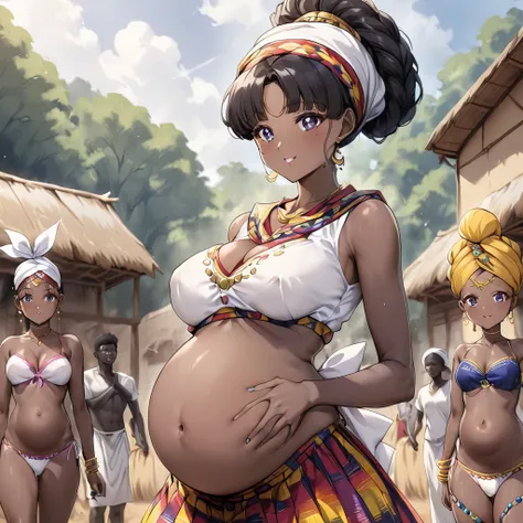 ((Highest quality)), ((masterpiece)), (detailed), （Perfect Face）、The woman is a Ghanaian born Tsukino Usagi with a vivid dark skin, black by birth, and is wearing a colorful Ghanaian dress from a Ghanaian village, a colorful turban head scarf, gorgeous jew...