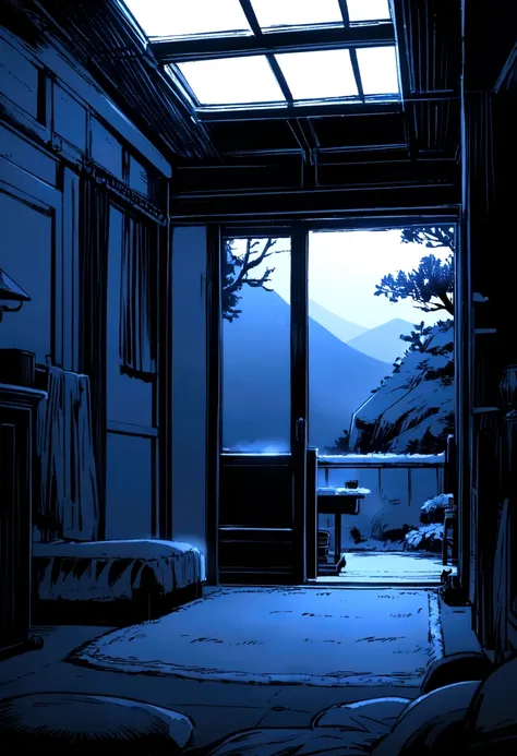 Anime background,dark, ambient light, blue monochrome, cold outside, warm, room, wide, wide shot, landscape orientation, interior