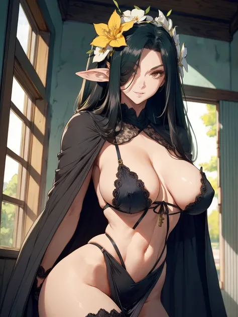 pointy ears, 1girl, breasts, hair over one eye, large breasts, yellow eyes, dress, cape, solo, cleavage, smile, elf, looking at viewer, hair ornament, pelvic curtain, covered navel, black hair, long hair, black dress, window, cloak, thighhighs, indoors, fl...