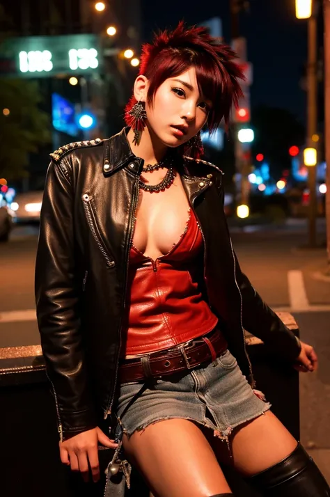 Downtown at night、Japanese young beautiful girl idol、Red Mohawk、Punk Fashion、Expose large breasts、Leather jacket with studs、Naked with a guitar between his legs、Tattoo、Giving a blowjob to an old man&#39;s erect penis、Spread your legs and expose your genita...