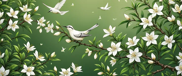 Beautiful and detailed tea tree jasmine flower and bird pattern, intricate floral design, Delicate petals,  Lush green tea trees, Dynamic Synthesis, Focus on focus, (best quality,4K,8K,high resolution,masterpiece:1.2),Extremely detailed,(Practical,photoPra...