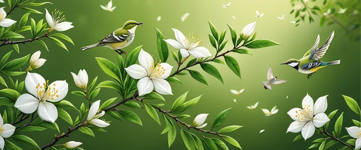 Beautiful and detailed tea tree jasmine flower and bird pattern, intricate floral design, Delicate petals,  Lush green tea trees, Dynamic Synthesis, Focus on focus, (best quality,4K,8K,high resolution,masterpiece:1.2),Extremely detailed,(Practical,photoPra...