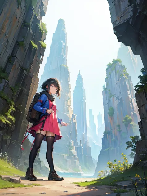 a young female  adventurer, she is standing in front of the tower, looking up, low angle, the background, A huge tower nestled in a magnificent canyon, magnificent and fantastic scenery, beautiful girl, vivid color