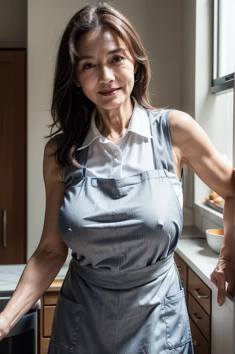 (masterpiece:1.4),(60-year-old woman:1.5),(facial wrinkles 1.2), (long hair : 1), A kind smile,maternal, Mature Woman, (thin white apron : 1.3), (sleeveless collared uniform : 1.2), acnes, skin blemishes, fleckles,(plump arms : 1.3), kitchen