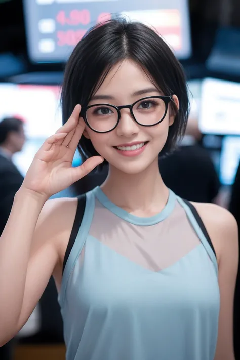 a girl with short hair, wearing transparent glasses, smiling and raising her hand, in a stock market setting, half-body shot, small ears, high quality, non-deformed, extremely detailed facial features, hyper realistic, 8k, photorealistic, vibrant colors, d...