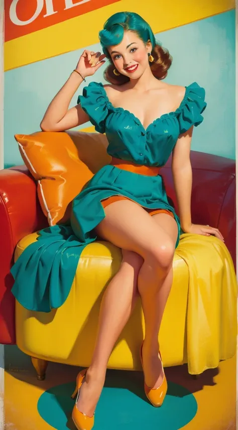 20 years old girl sitting on a chair, High quality, vintage poster style,Sexy, , surprise, Mini skirt, floating long dress, rich and colorful , Orange and cyan color scheme, masterpiece art work, illustration,Charming smile