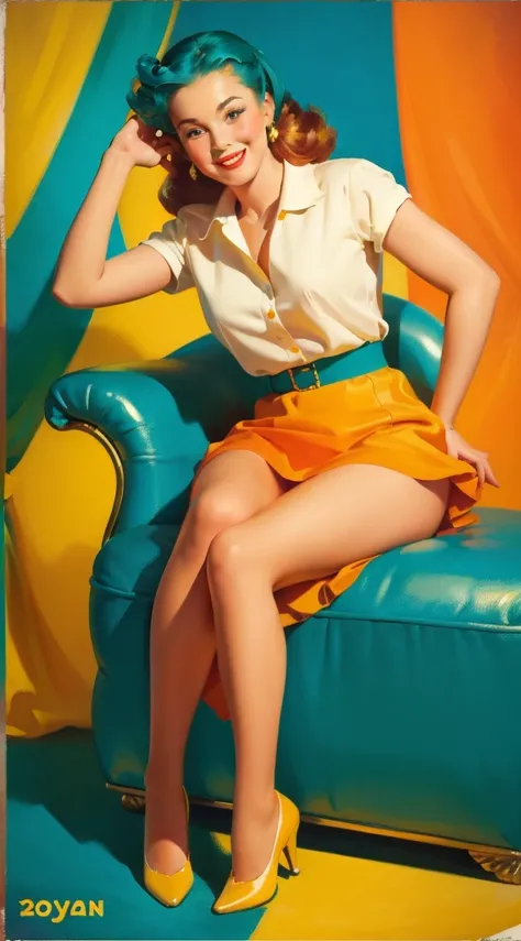 20 years old girl sitting on a chair, High quality, vintage poster style,Sexy, , surprise, Mini skirt, floating long dress, rich and colorful , Orange and cyan color scheme, masterpiece art work, illustration,Charming smile