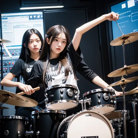 beautiful girl, rocker, playing drums, music studio, attractive