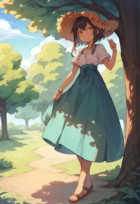 Teenager girl、Are standing、Wearing a dress、Straw hat、Under the tree、Tree shade