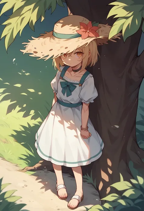 Teenager girl、Are standing、Wearing a dress、Straw hat、Under the tree、Tree shade