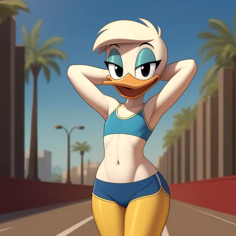 photorealism, duck, betsy duck, detailed background, outside, eyeshadow, tan hairstyle, cartoon, (flat chested), (yellow legs: 1...