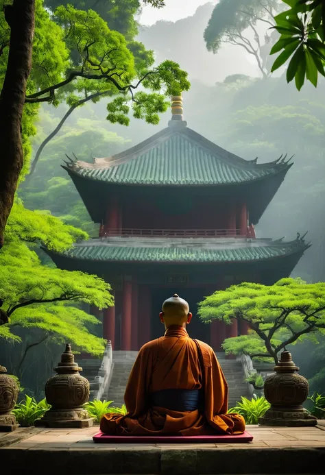  A Chinese temple in the middle of a lush green forest during a serene morning, a monk wearing a jingasa hat sits in deep meditation, the vibrant greenery surrounds the ancient temple, morning light filtering through the trees, soft mist in the air, Photog...