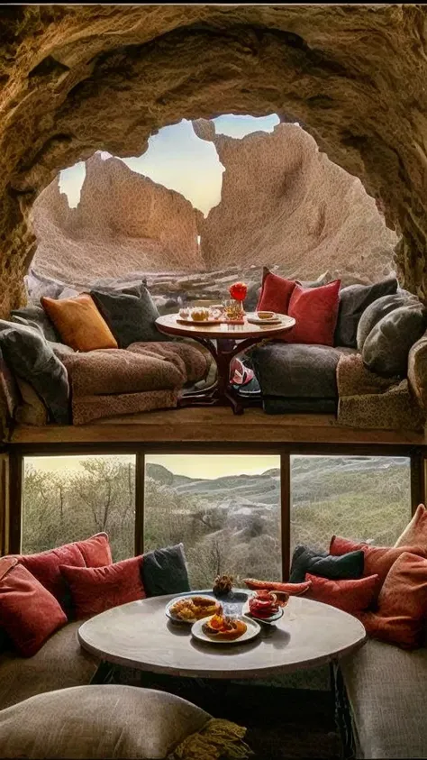 The room has a large window.、A sofa is placed between the round table.２Legs facing each other。A sumptuous breakfast is served on the round table.。There are cushions lined up on the sofa。cave、Cozy room、Cozy sofa、Healthy breakfast、Cozy environment、Cozy aesth...