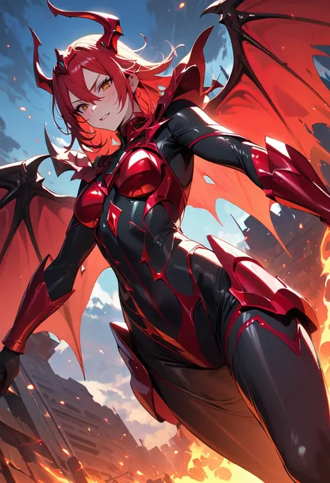 (best quality, masterpiece, ultra highres, ultra-detailed:1.2) ,Rubicante the demon of Malebolge,(female,crimson hair,crazy armor),bat-like crimson wings,background:The fifth layer of hell,magnificent,dynamic angle,