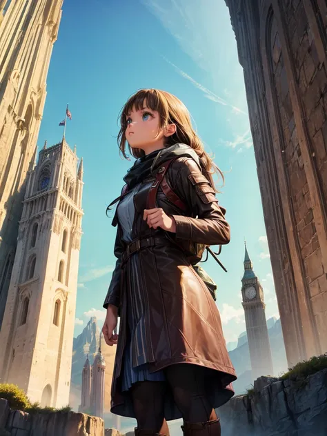 a young female  adventurer, she is standing in front of the tower, looking up, low angle, the background, a huge tower nestled i...