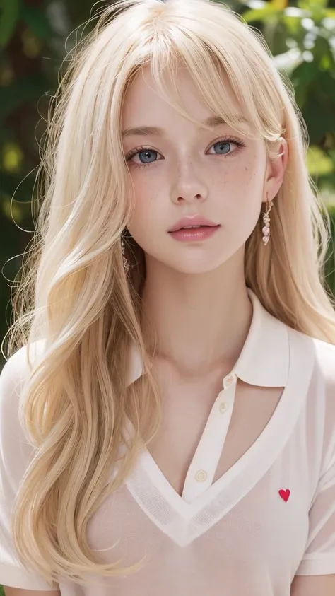 Light blonde hair, Wavy blonde hair, Wavy blonde hair, With small fringe, black eye, Upturned and beautiful nose, Thick lips, Cupid with heart shaped lips.., Pink Lips, pale, White skin, Nice and soft skin, I have freckles and moles, Beautiful eyebrows, Ex...