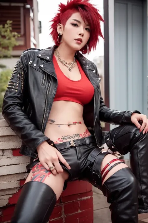 live house、Japanese young beautiful girl idol、Red Mohawk、Punk Fashion、Expose large breasts、Leather jacket with studs、Naked with a guitar between his legs、Tattoo、Giving a blowjob to an old man&#39;s erect penis、Spread your legs and expose your genitals