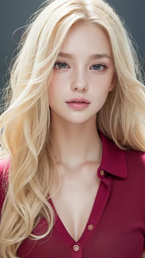 light blonde hair, wavy blonde hair, wavy blonde hair, with small fringe, black eye, upturned and beautiful nose, thick lips, cu...