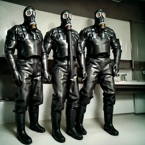 two men in gas masks with hose, latex bodysuits,wellington boots, elbow length skin tight latex gloves and overalls heavy rubber...