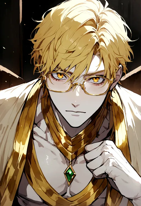 anime, male, short hair, blonde hairs, gold eyes, 180cm, wears beskap king of java, six pack, handsome, white skin, good boys, wears gold, wear glasses, toksido