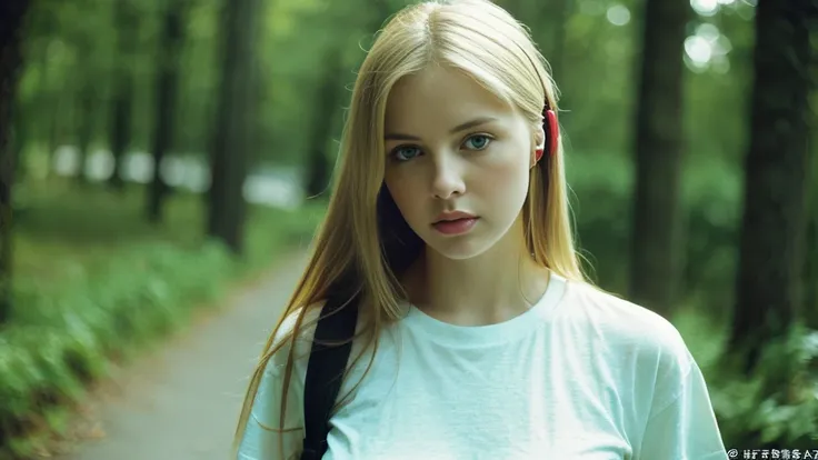 Beautiful blonde with big breasts in a T-shirt (Late night wilderness、walk),Wearing headphones,Very detailed, 21 years old, Innocent face, Long Straight Hair, blue eyes, High resolution, masterpiece, Highest quality, Intricate details, Very detailed, Clear...