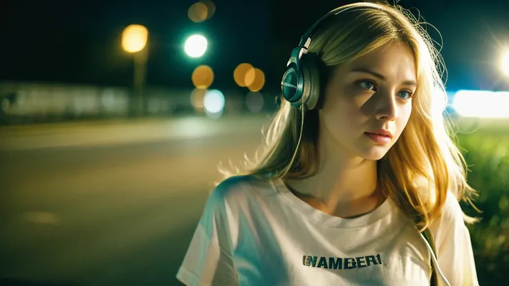 Beautiful blonde with big breasts in a T-shirt (Late night wilderness、walk),Wearing headphones,Very detailed, 21 years old, Innocent face, Long Straight Hair, blue eyes, High resolution, masterpiece, Highest quality, Intricate details, Very detailed, Clear...