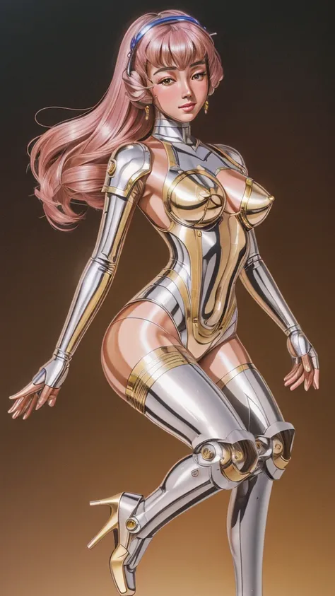 (masterpiece, best quality, semi-realistic, ultra-high resolution) A beautiful Eurasian 22 years old mech-girl, glossy and shinny skins, in a glittering steampunk suit, Hajime Sorayama art style, with a blush face, Vintage style, vintage cinematic lighting...