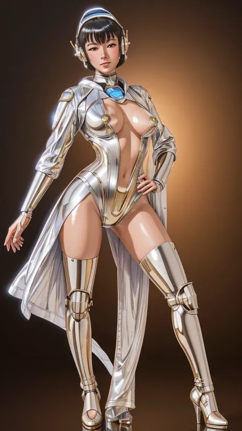 (masterpiece, best quality, semi-realistic, ultra-high resolution) A beautiful Eurasian 22 years old mech-girl, glossy and shinny skins, in a glittering steampunk suit, Hajime Sorayama art style, with a blush face, Vintage style, vintage cinematic lighting...