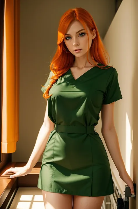 1girl, secretary, Best quality, masterpiece, cowboy shot, orange hair, green eyes, tight cloth, nurse clothes, hospital