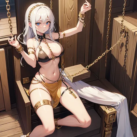  chain strap ,leash neck  slave sit belly dancer  colour white  ,submissive,  tits ,chaine in throne,loincloth,you can see a vaginal ,