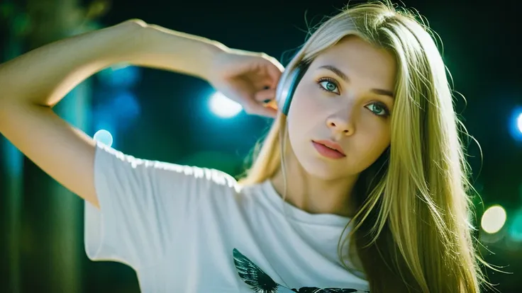 Beautiful blonde with big breasts in a T-shirt (Late night wilderness、walk),Wearing headphones,Very detailed, 21 years old, Innocent face, Long Straight Hair, blue eyes, High resolution, masterpiece, Highest quality, Intricate details, Very detailed, Clear...