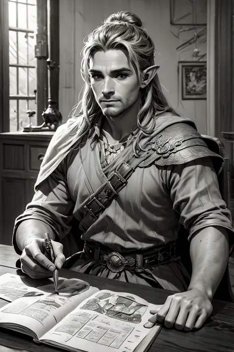 magical bracers, a large curved blade, hair braided, a sword is on the table in front of him, a 40-year-old male elf is sitting ...