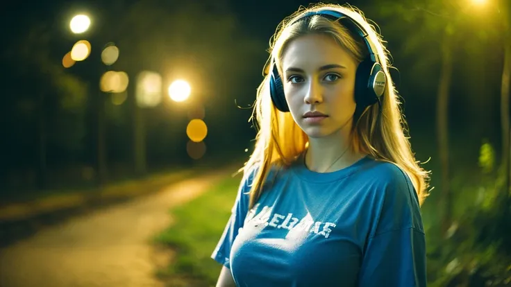 Beautiful blonde with big breasts in a T-shirt (Late night wilderness、walk),Wearing headphones,Very detailed, 21 years old, Innocent face, Long Straight Hair, blue eyes, High resolution, masterpiece, Highest quality, Intricate details, Very detailed, Clear...